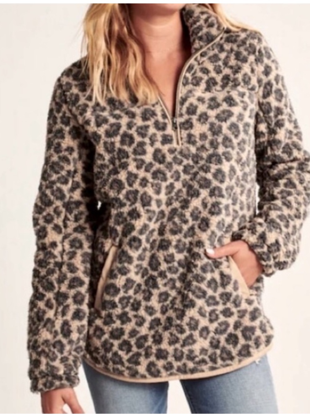 Abercrombie & Fitch Leopard Print Teddy Half-Zip Jacket